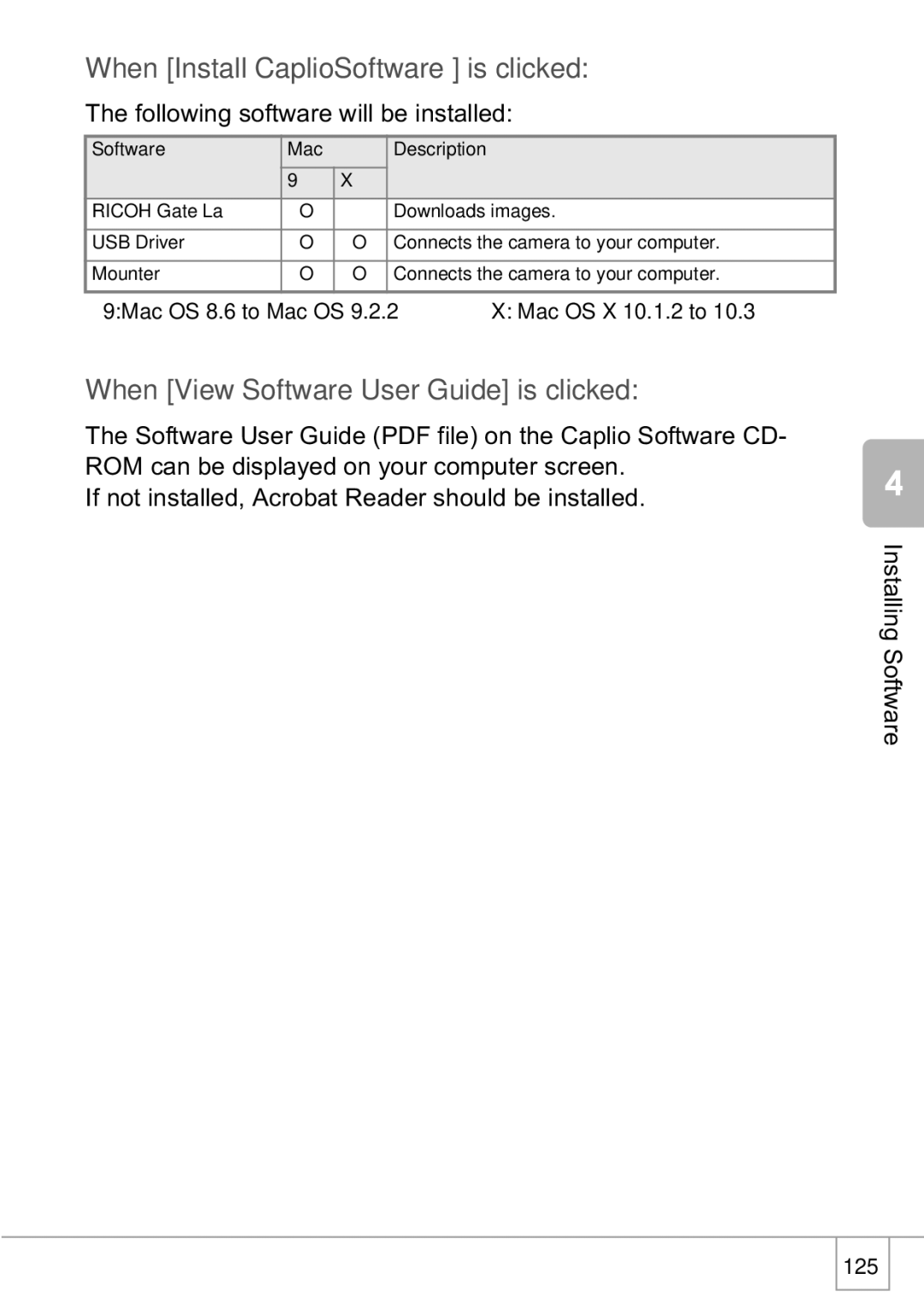 Ricoh R1v manual When Install CaplioSoftware is clicked, When View Software User Guide is clicked 