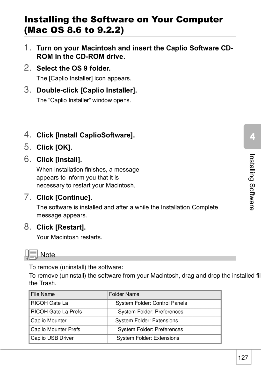 Ricoh R1v manual Installing the Software on Your Computer Mac OS 8.6 to, Double-click Caplio Installer, Click Continue 
