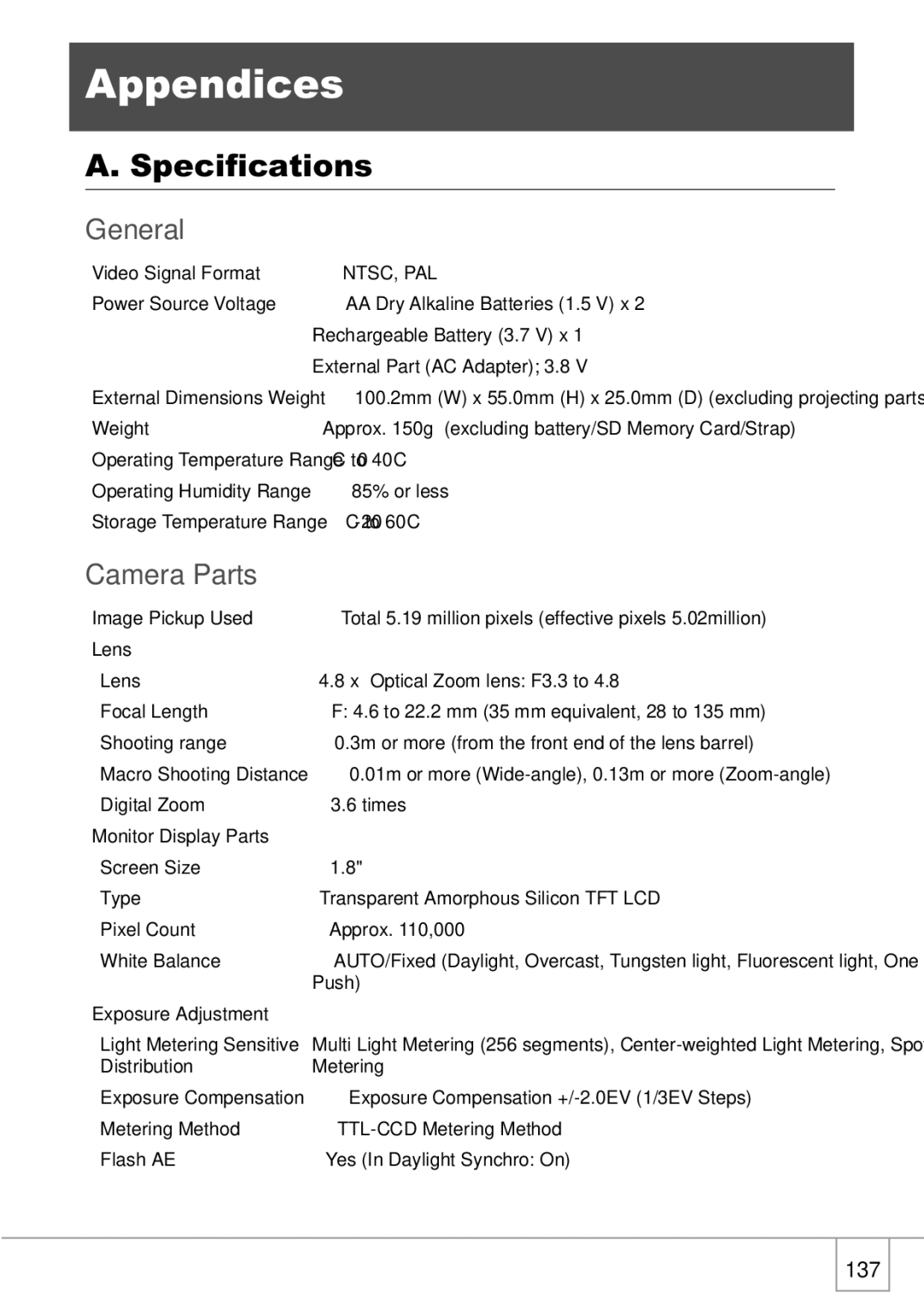 Ricoh R1v manual Appendices, Specifications, General, Camera Parts 