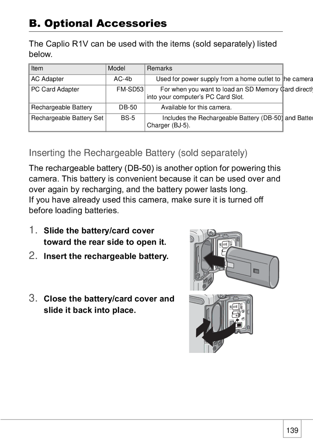 Ricoh R1v manual Optional Accessories, Inserting the Rechargeable Battery sold separately 