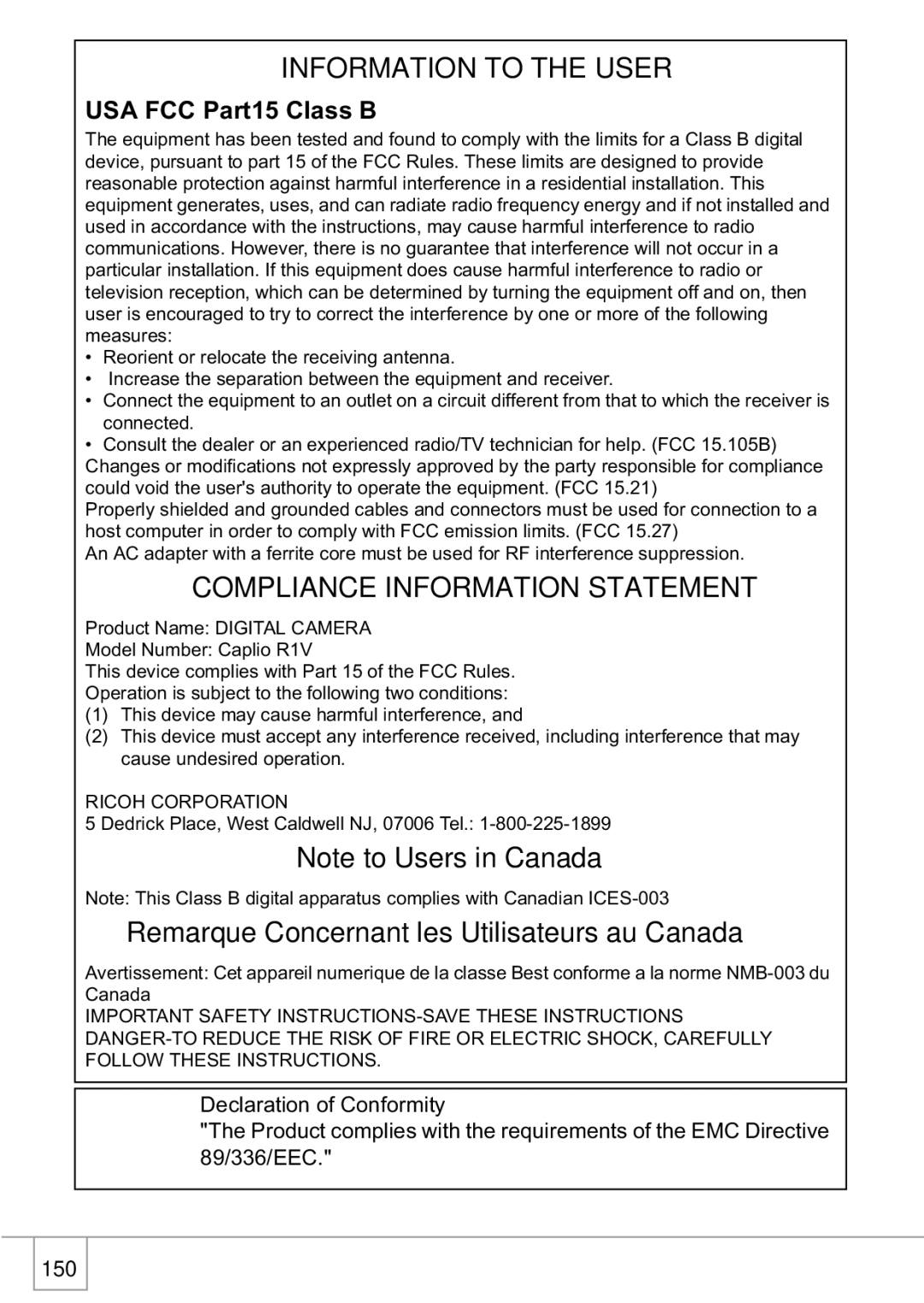 Ricoh R1v manual Information to the User, USA FCC Part15 Class B 