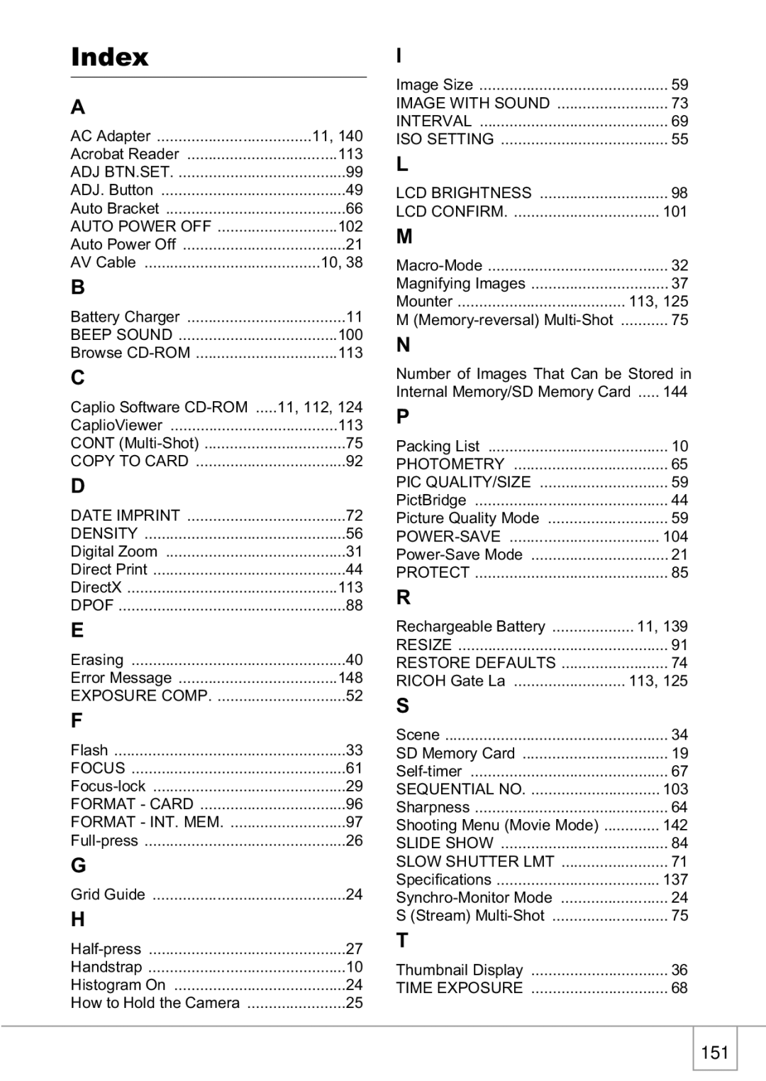 Ricoh R1v manual Index, 151 