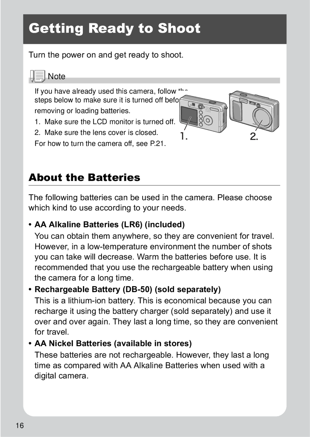 Ricoh R1v manual Getting Ready to Shoot, About the Batteries, AA Alkaline Batteries LR6 included 