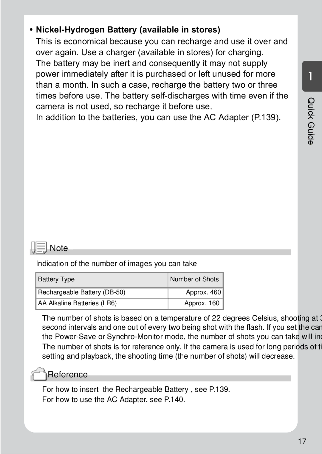 Ricoh R1v manual Nickel-Hydrogen Battery available in stores, Reference, Indication of the number of images you can take 