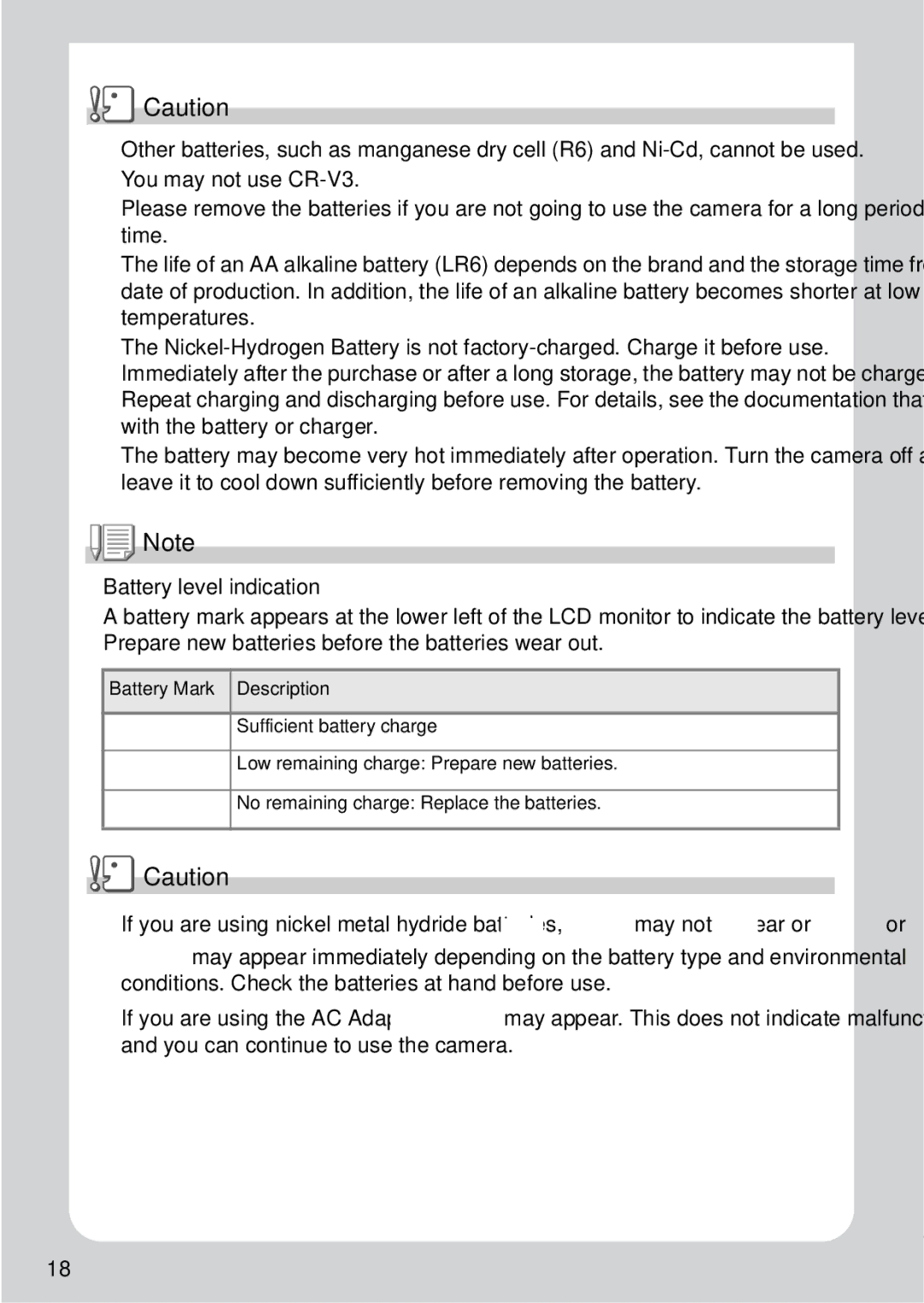 Ricoh R1v manual Battery level indication, Battery Mark Description 