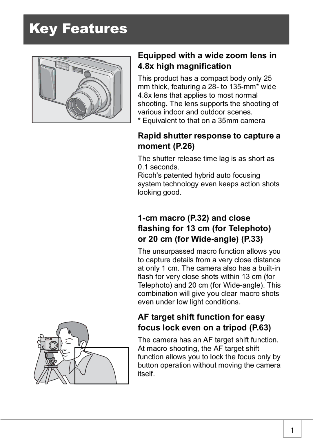 Ricoh R1v manual Key Features, Equipped with a wide zoom lens in 4.8x high magnification 