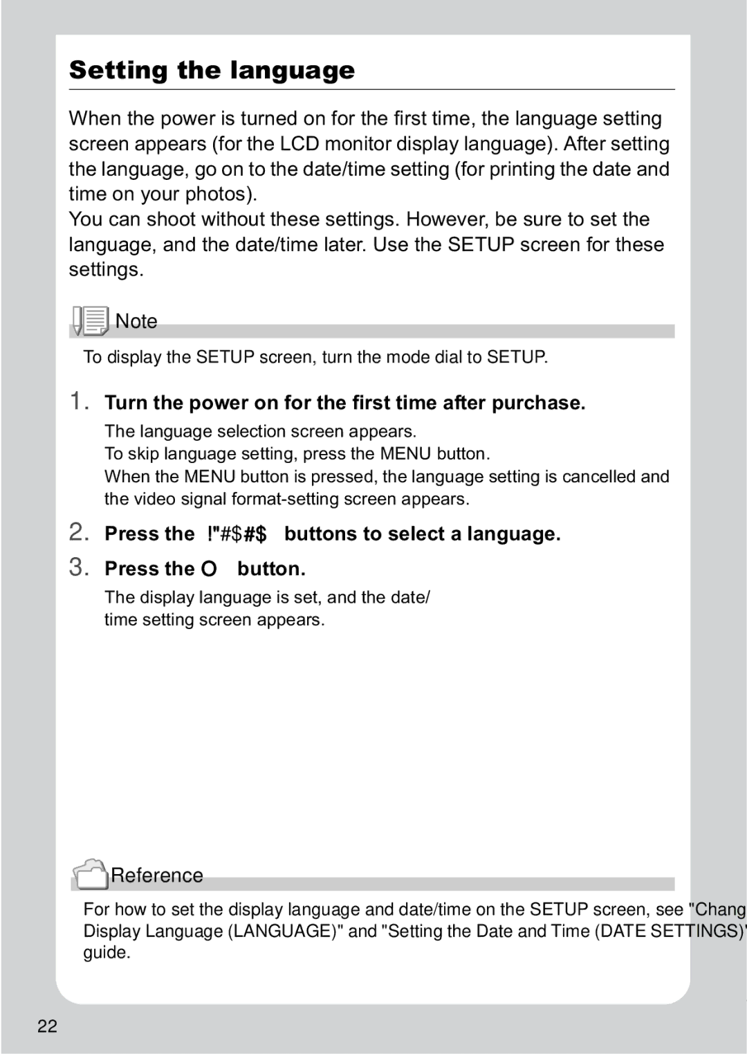 Ricoh R1v manual Setting the language, Turn the power on for the first time after purchase 