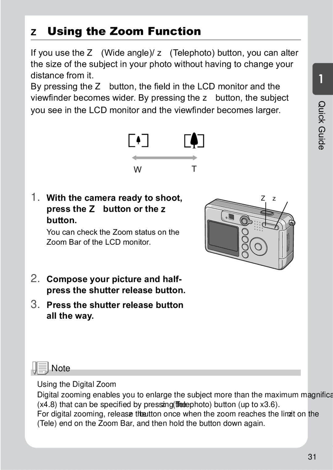 Ricoh R1v manual Using the Zoom Function, Press the shutter release button all the way, Using the Digital Zoom 