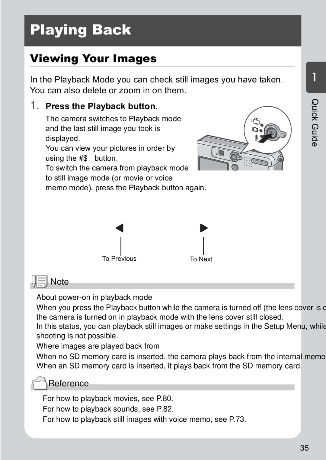 Ricoh R1v manual Playing Back, Viewing Your Images, Press the Playback button, About power-on in playback mode 