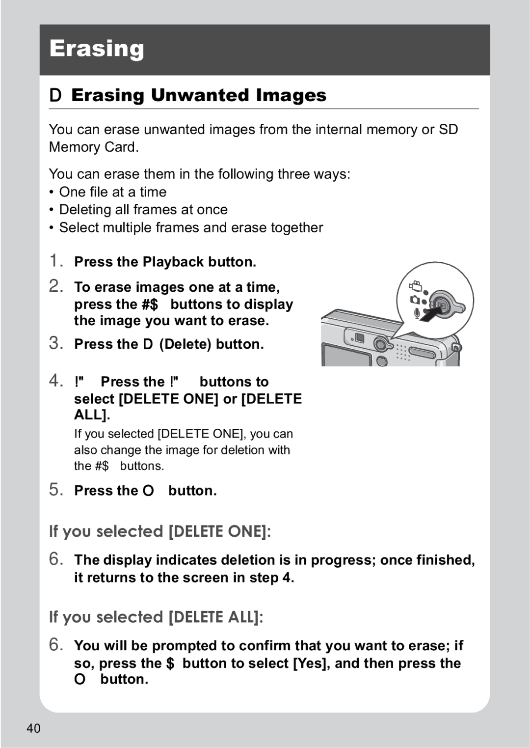 Ricoh R1v manual Erasing Unwanted Images, If you selected Delete ONE, If you selected Delete ALL 