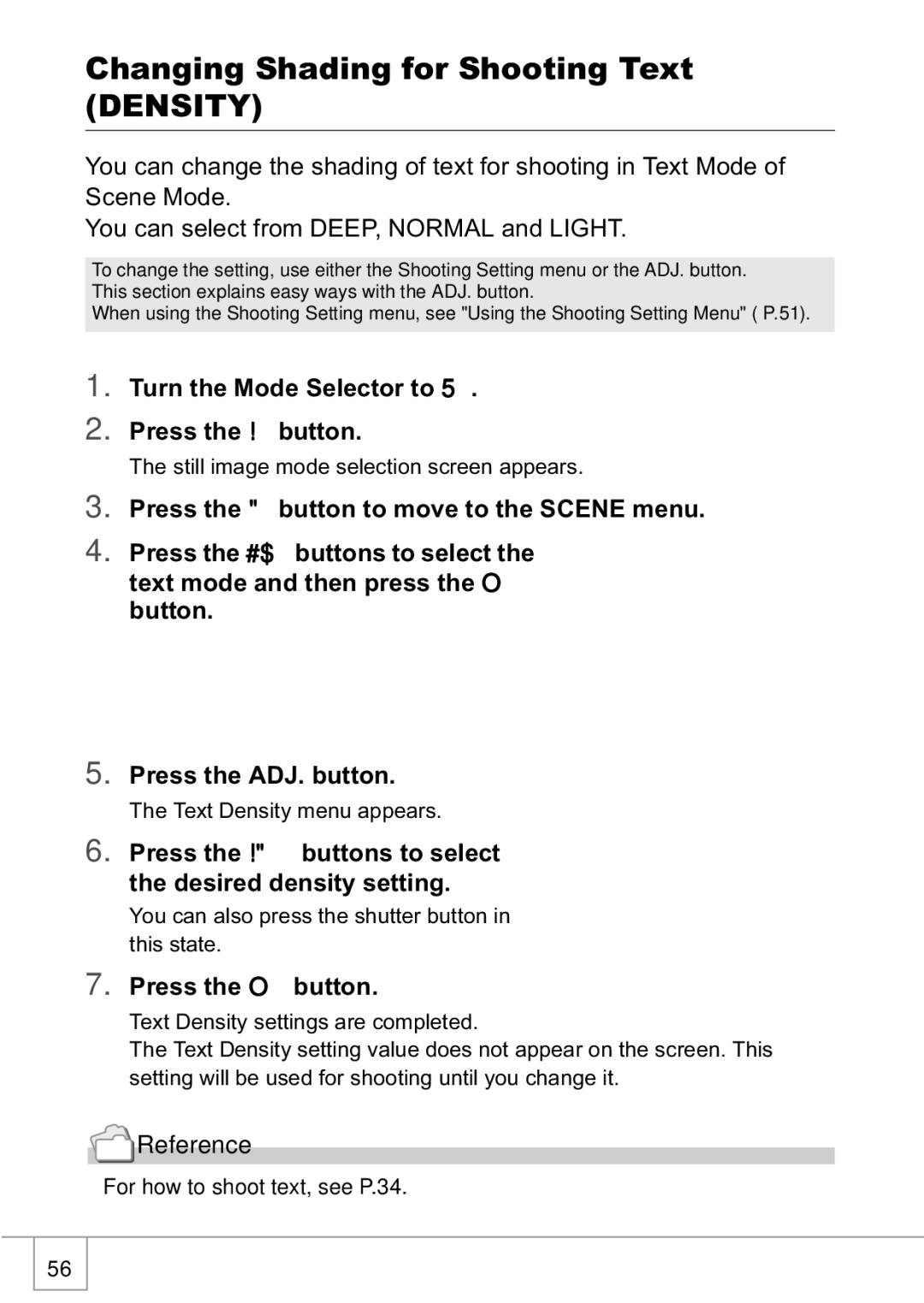 Ricoh R1v manual Changing Shading for Shooting Text Density, Press the ! buttons to select the desired density setting 