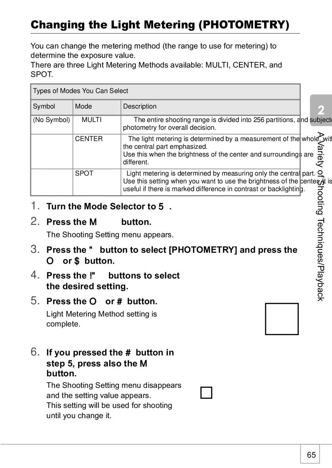 Ricoh R1v manual Changing the Light Metering Photometry, Multi 