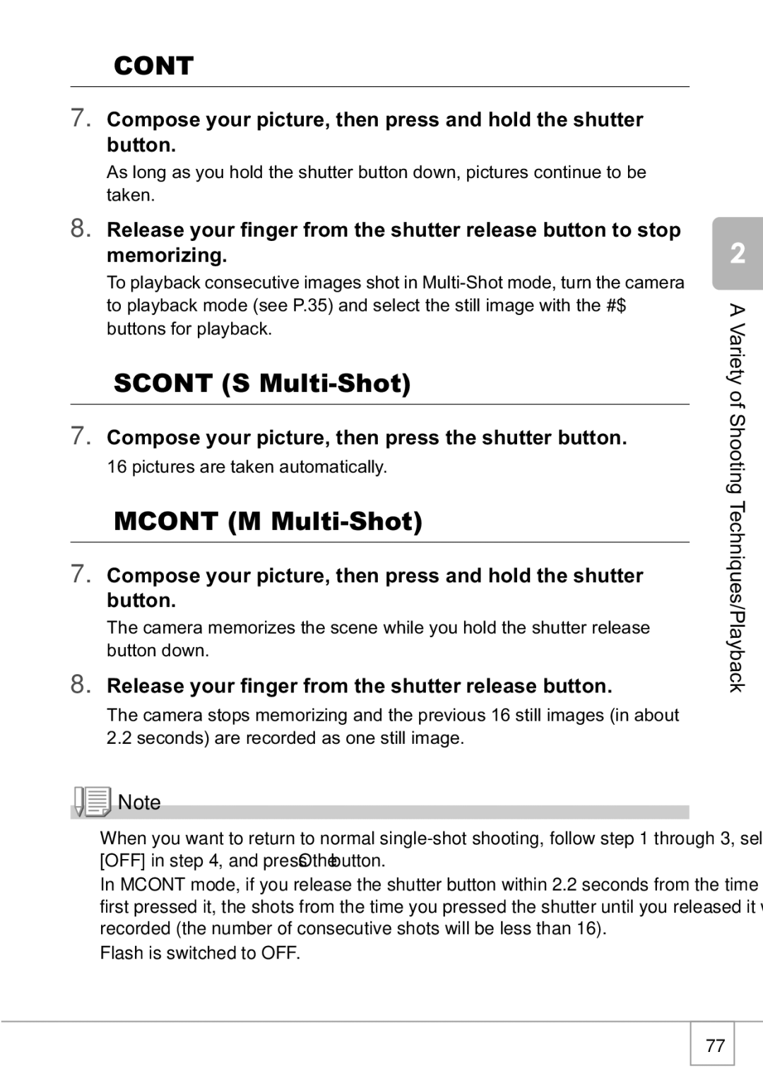 Ricoh R1v manual Cont, Scont S Multi-Shot, Mcont M Multi-Shot, Compose your picture, then press the shutter button 