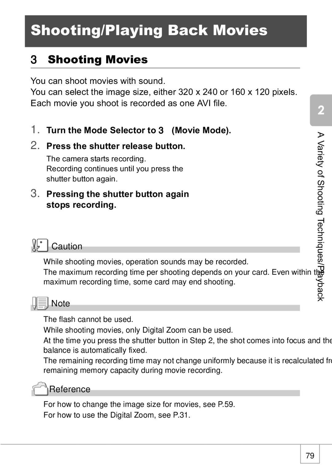 Ricoh R1v manual Shooting/Playing Back Movies, Shooting Movies, Pressing the shutter button again stops recording 