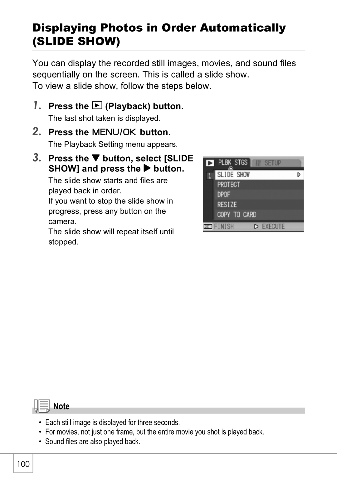 Ricoh R4 manual Displaying Photos in Order Automatically, Press the button, select Slide Show and press the $ button 