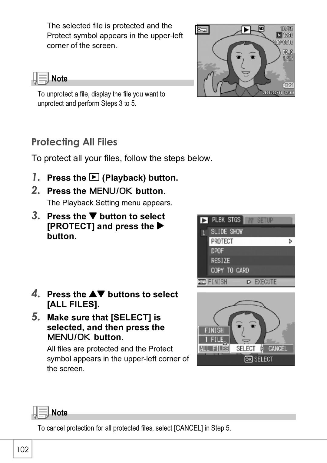 Ricoh R4 manual Protecting All Files, Press the 6 Playback button Press the C/Dbutton 