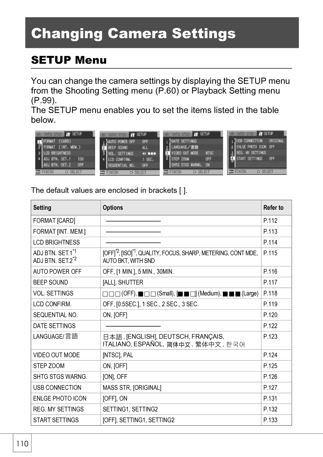 Ricoh R4 manual Changing Camera Settings, Setup Menu 