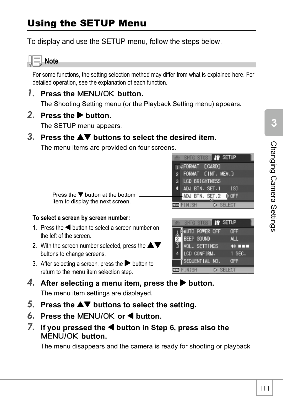 Ricoh R4 manual Using the Setup Menu, Press the $ button, Press the ! buttons to select the desired item 