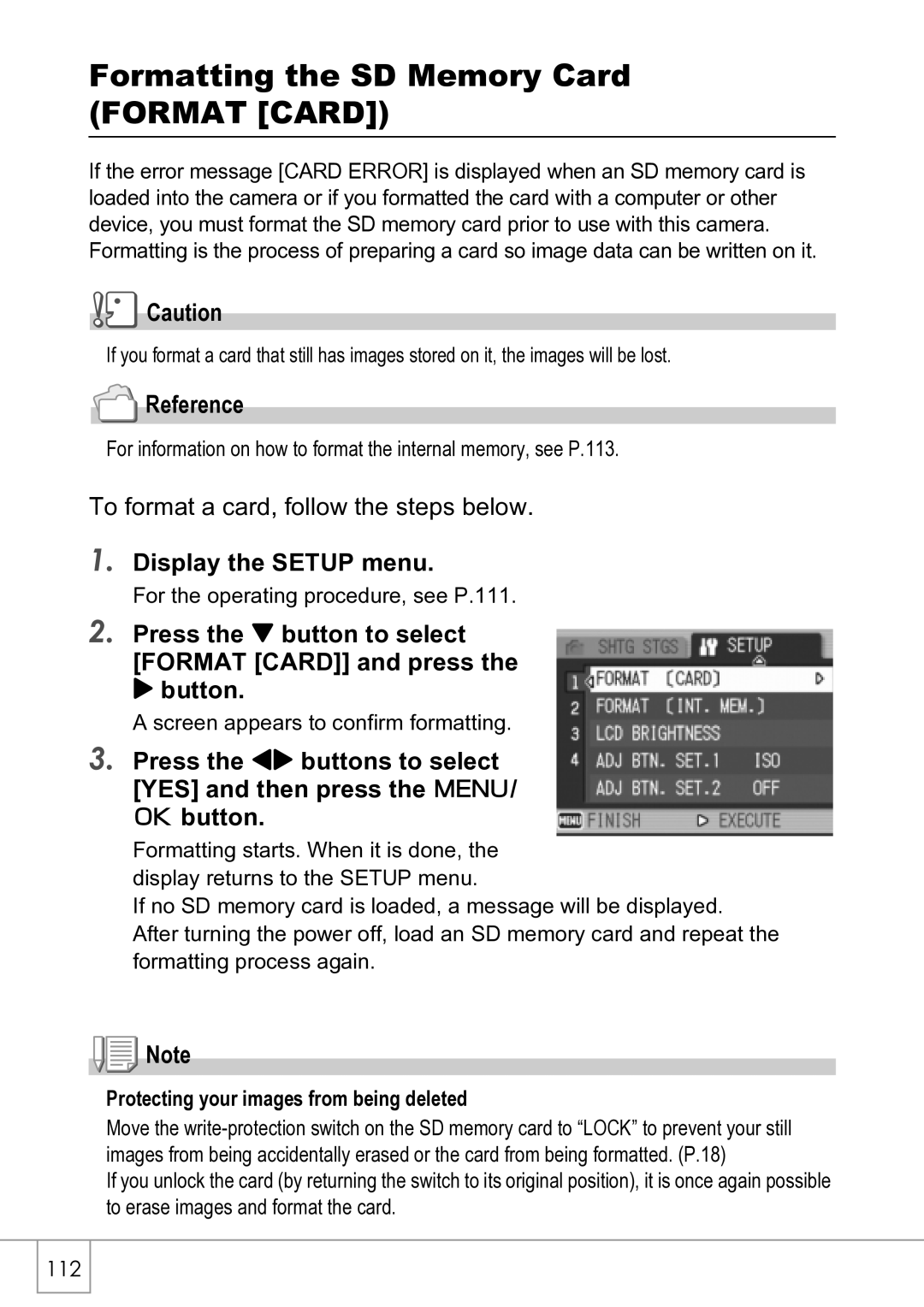 Ricoh R4 Formatting the SD Memory Card Format Card, Display the Setup menu, Protecting your images from being deleted 