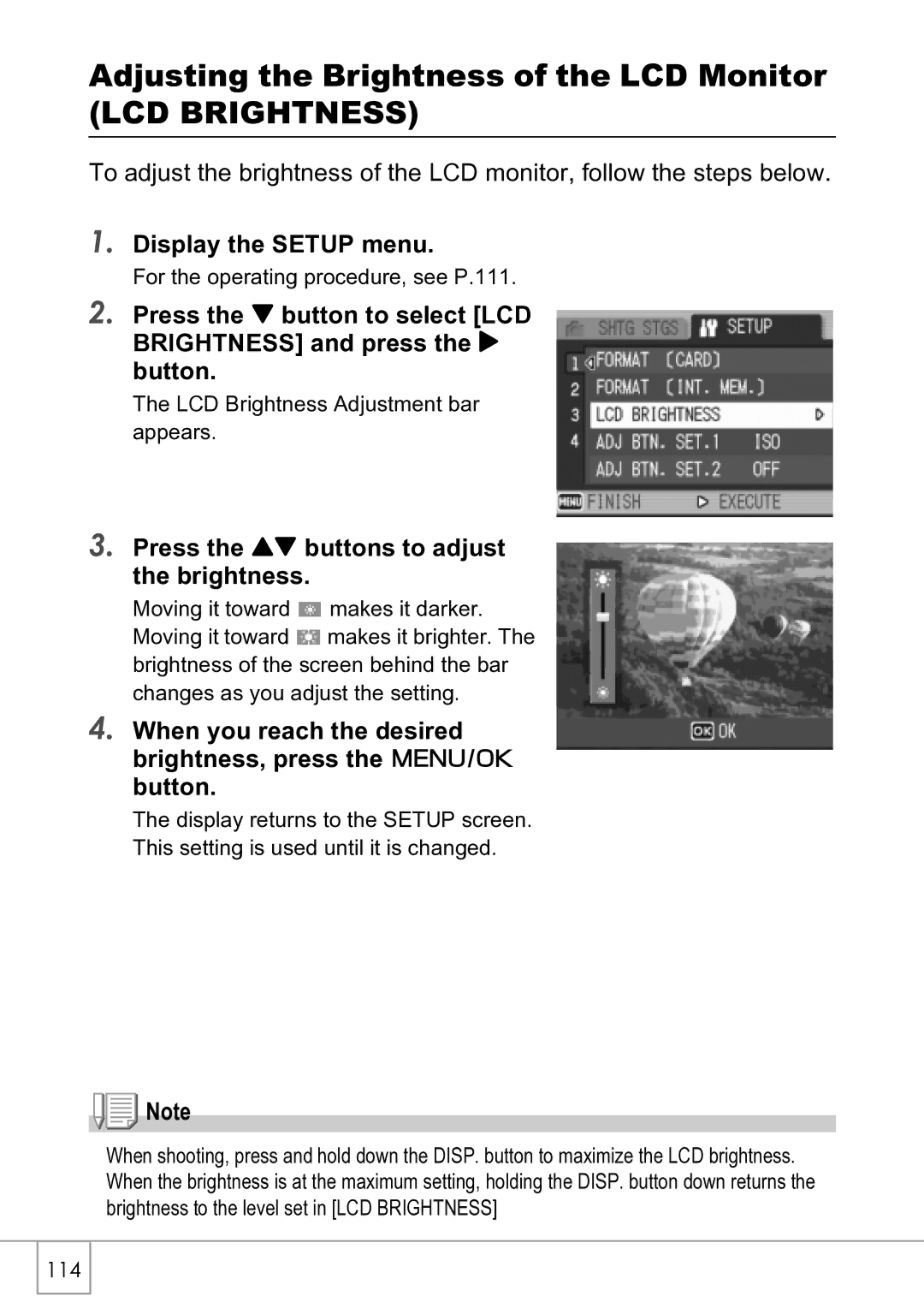 Ricoh R4 manual Adjusting the Brightness of the LCD Monitor, LCD Brightness, Press the ! buttons to adjust the brightness 