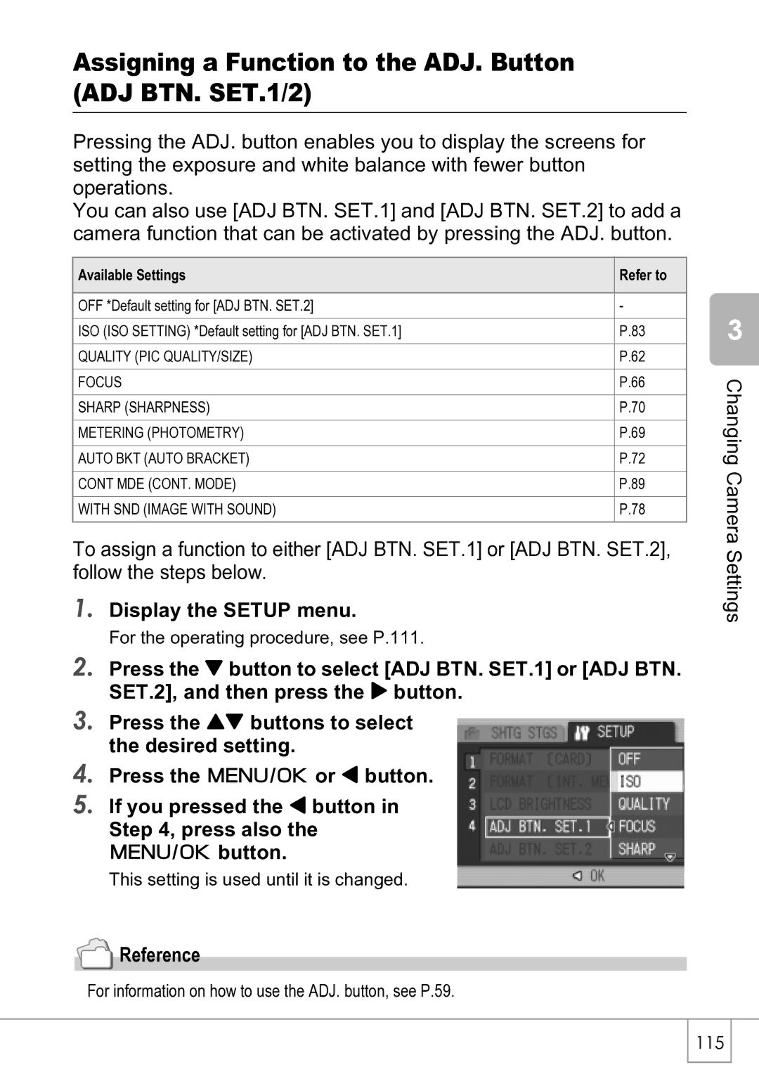 Ricoh R4 manual Assigning a Function to the ADJ. Button ADJ BTN. SET.1/2, Available Settings Refer to 