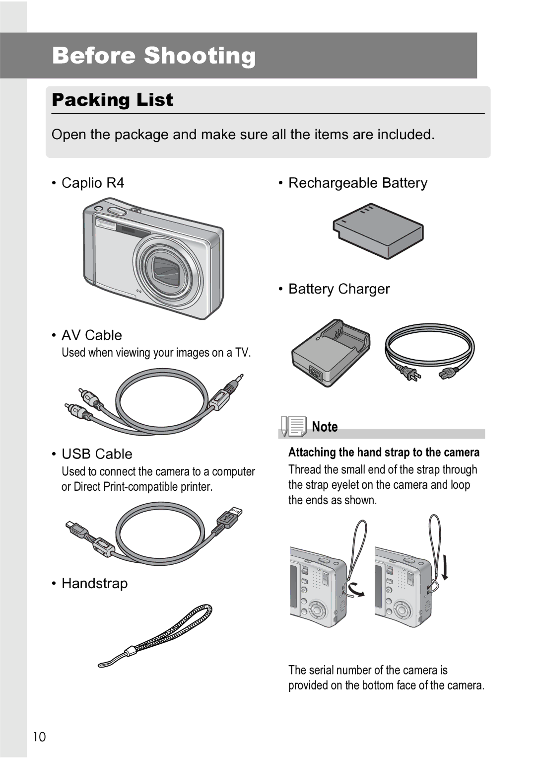 Ricoh R4 manual Before Shooting, Packing List, USB Cable 