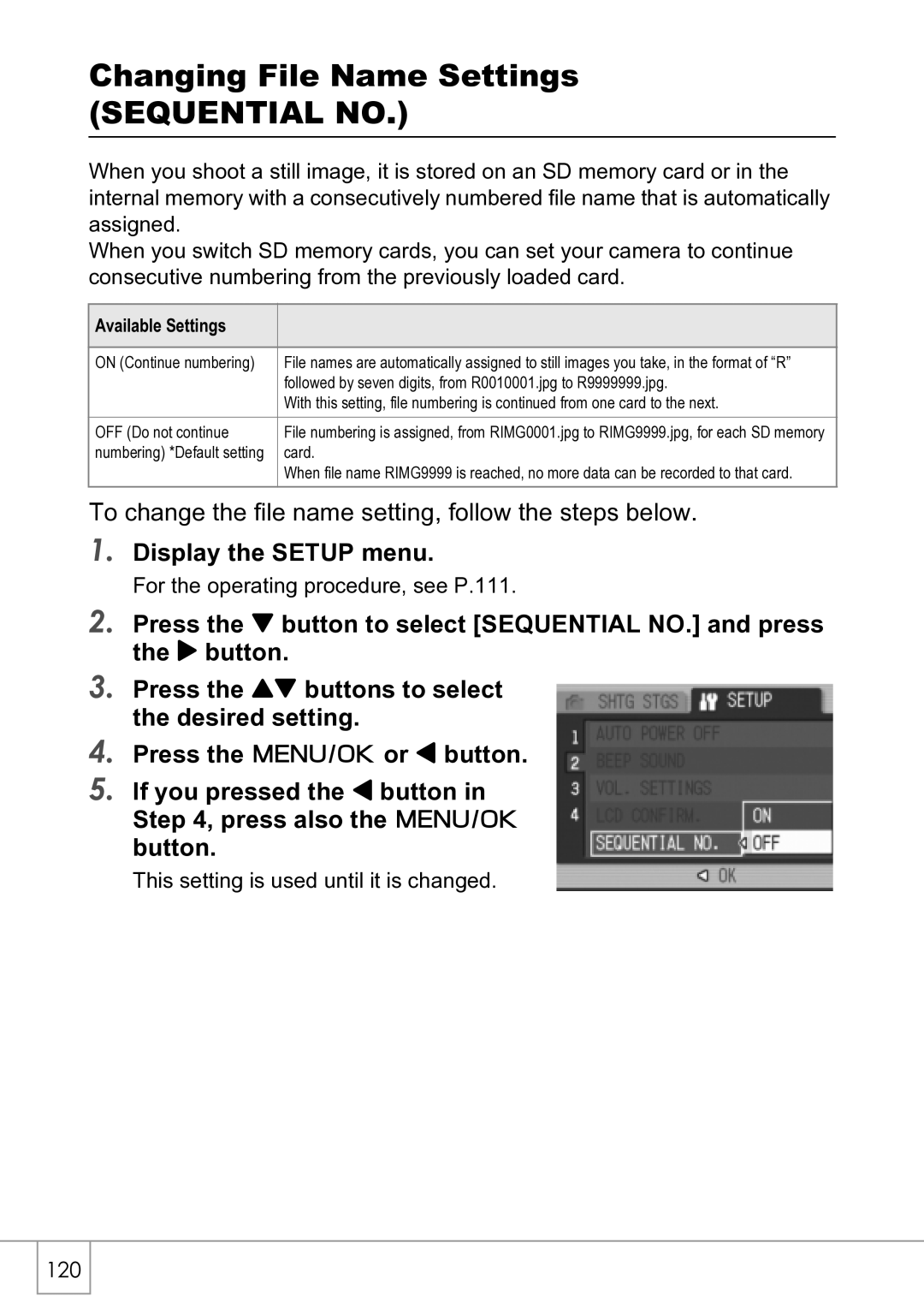 Ricoh R4 manual Changing File Name Settings Sequential no, 120 