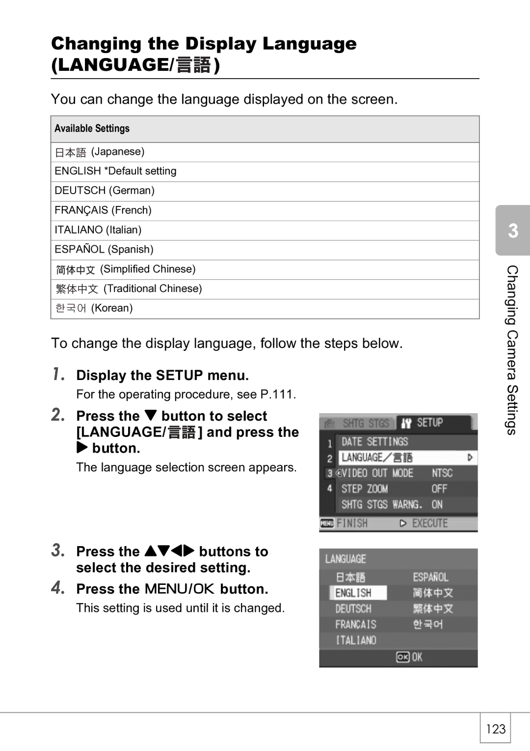 Ricoh R4 manual Changing the Display Language Language, Press the button to select, $ button 