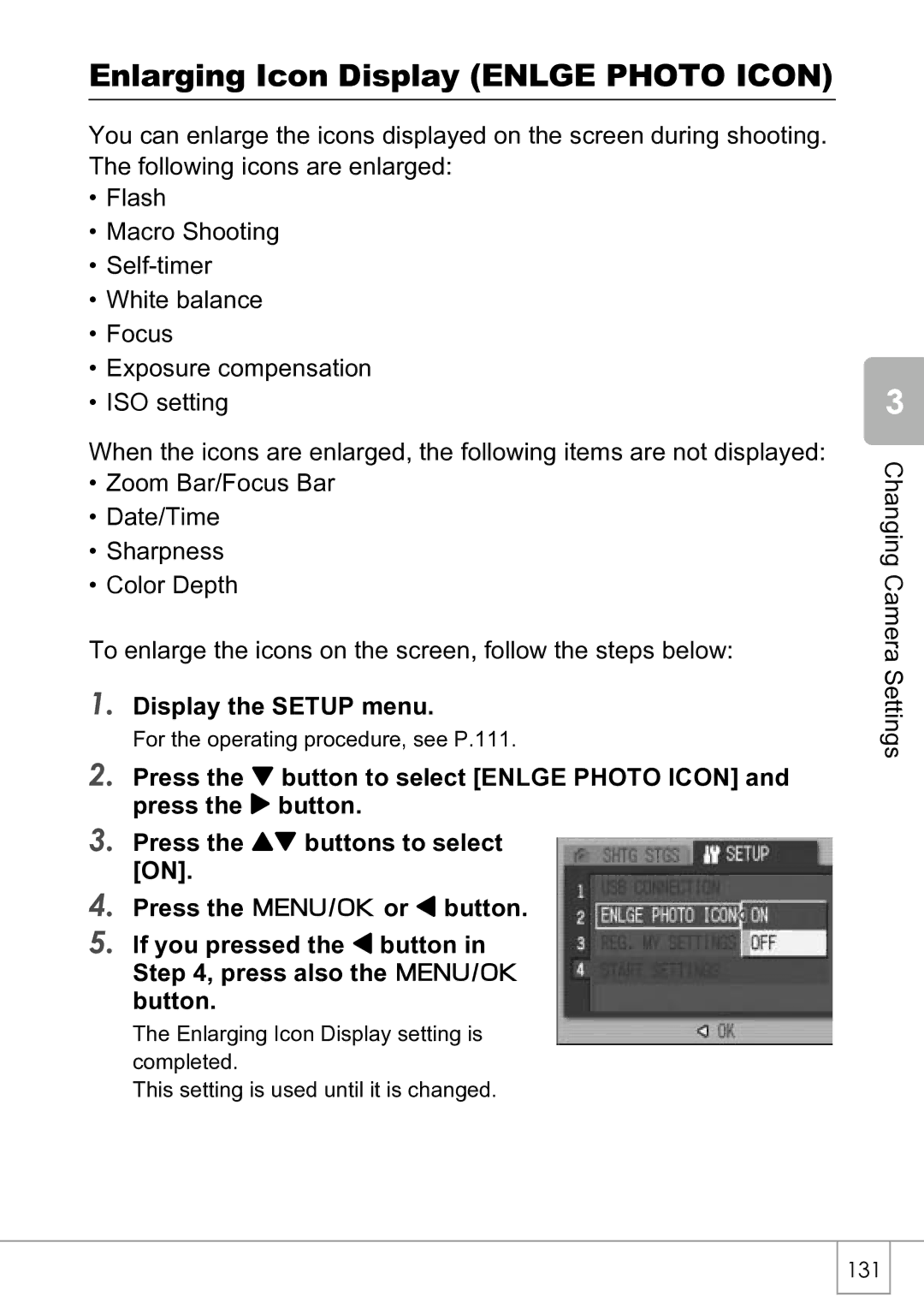 Ricoh R4 manual Enlarging Icon Display Enlge Photo Icon, Display the Setup menu 