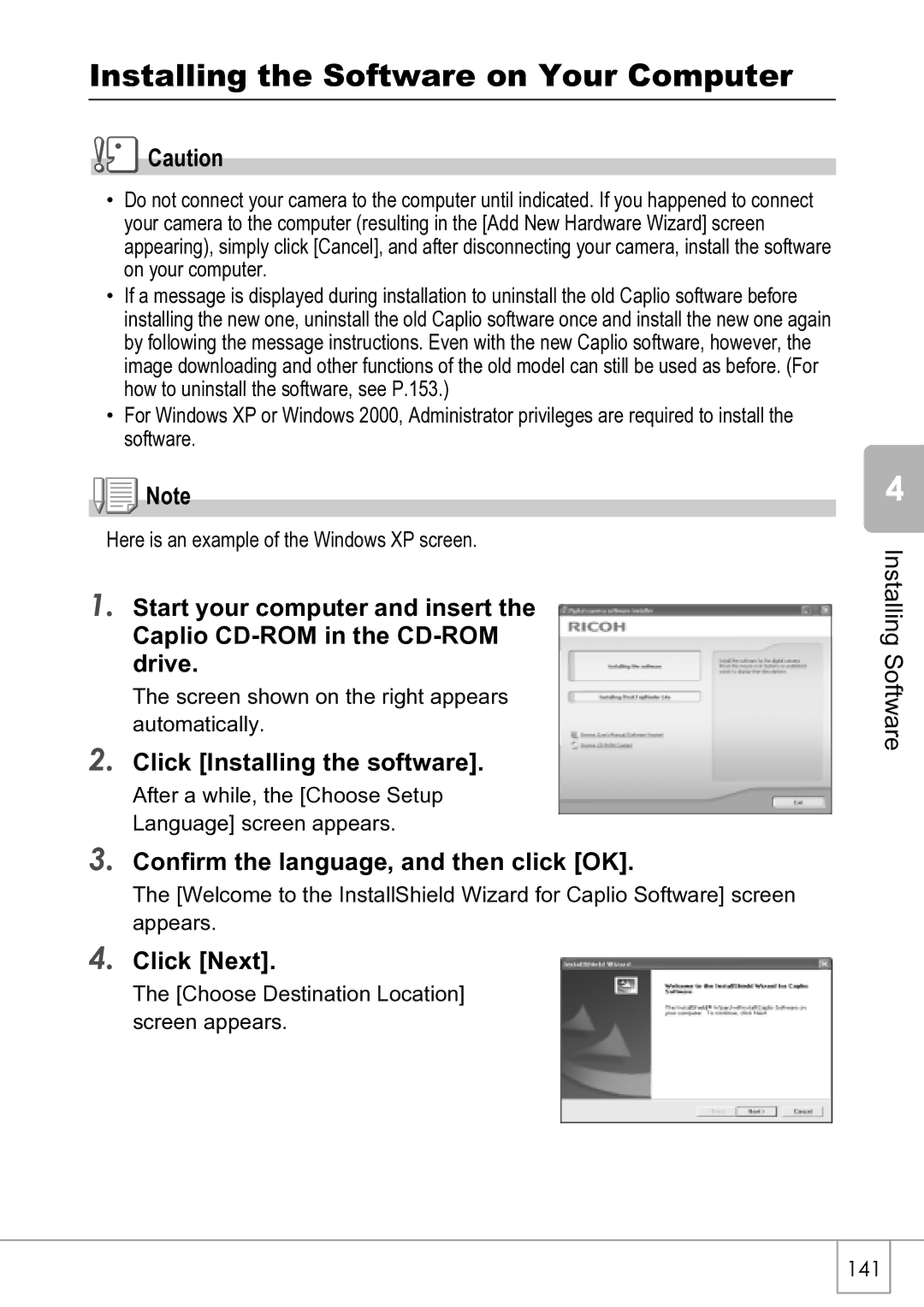 Ricoh R4 Installing the Software on Your Computer, Click Installing the software, Confirm the language, and then click OK 