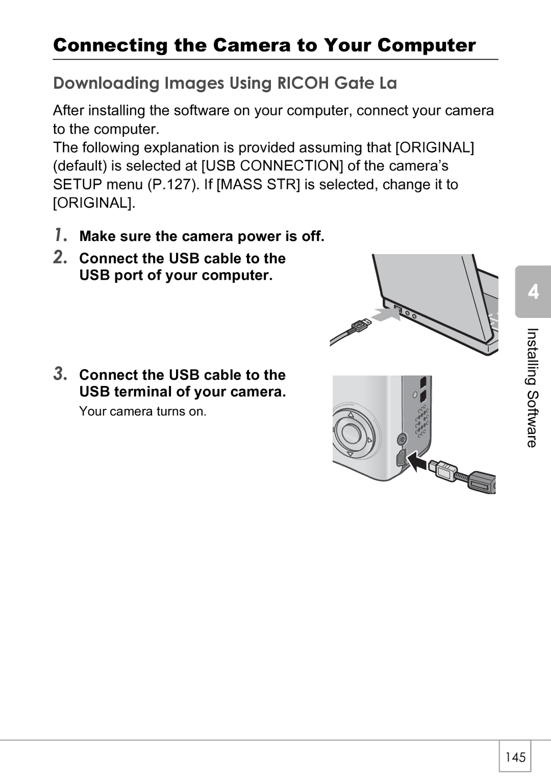 Ricoh R4 manual Connecting the Camera to Your Computer, Downloading Images Using Ricoh Gate La 