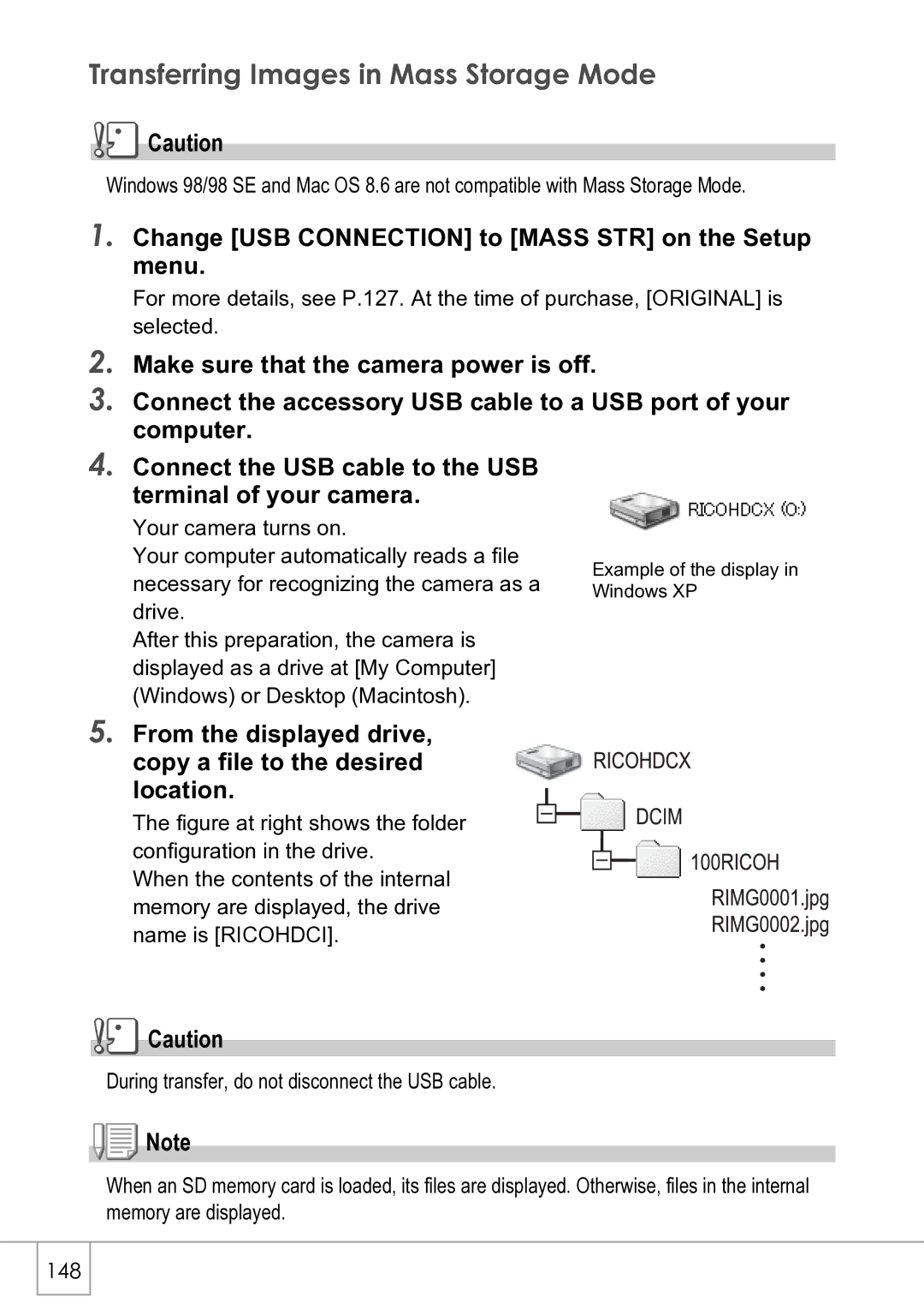 Ricoh R4 manual Transferring Images in Mass Storage Mode, Change USB Connection to Mass STR on the Setup menu 