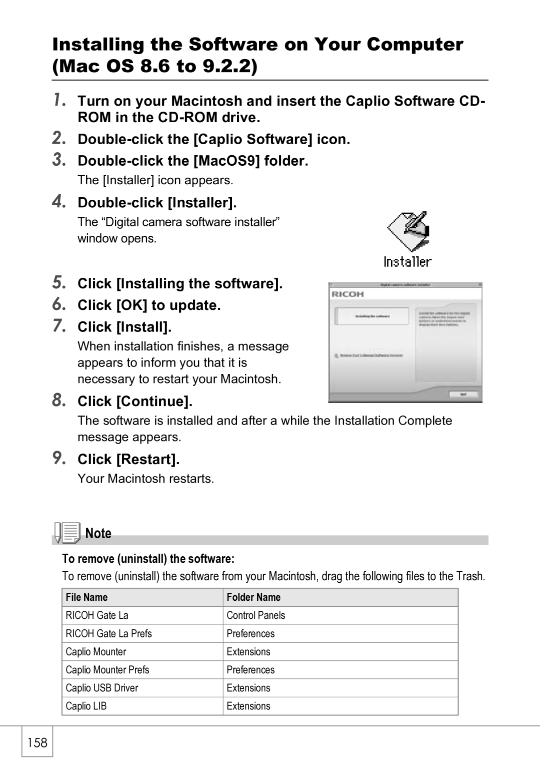 Ricoh R4 Installing the Software on Your Computer Mac OS 8.6 to, Double-click Installer, Click Continue, Click Restart 