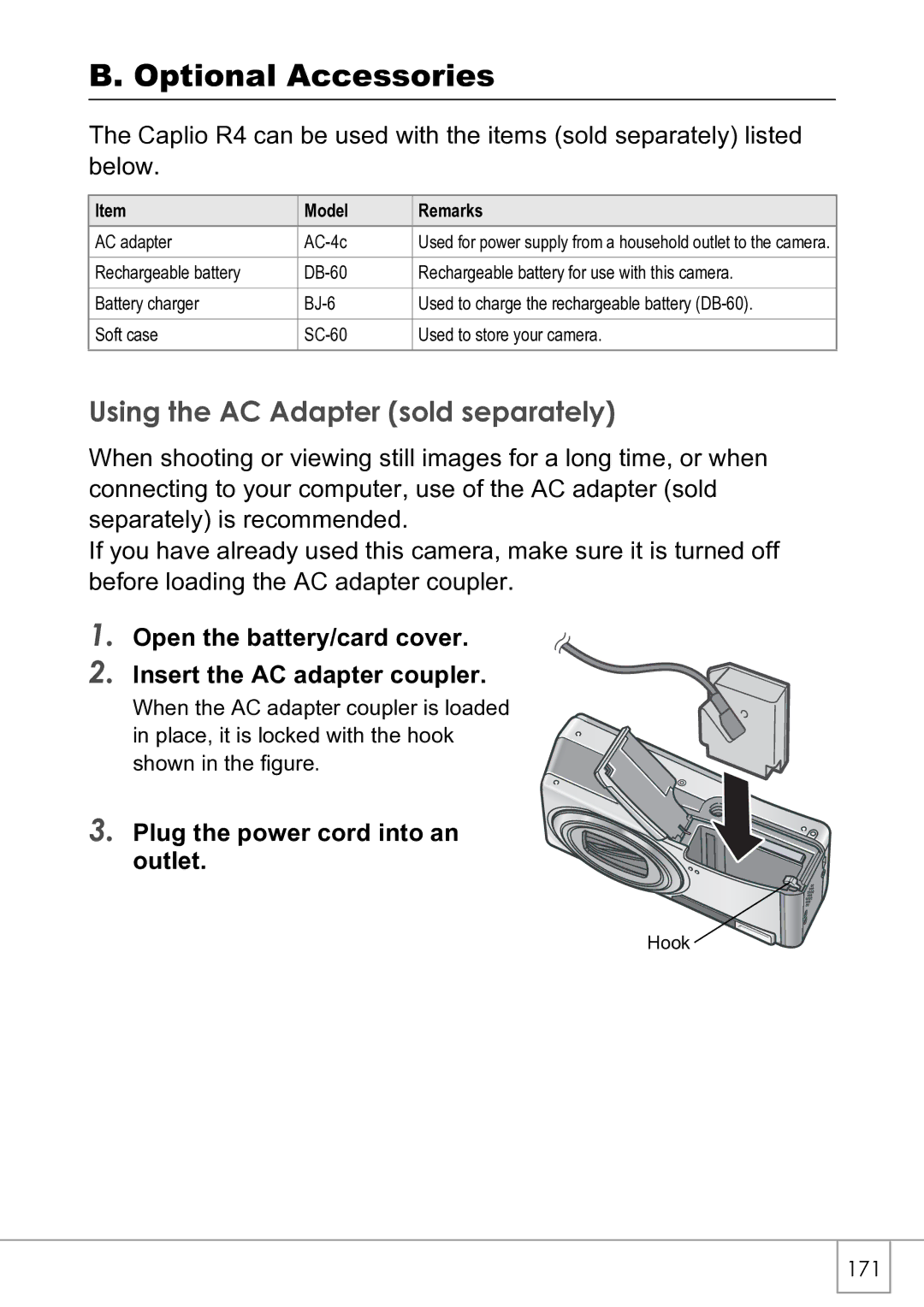 Ricoh R4 Optional Accessories, Using the AC Adapter sold separately, Plug the power cord into an outlet, Model Remarks 