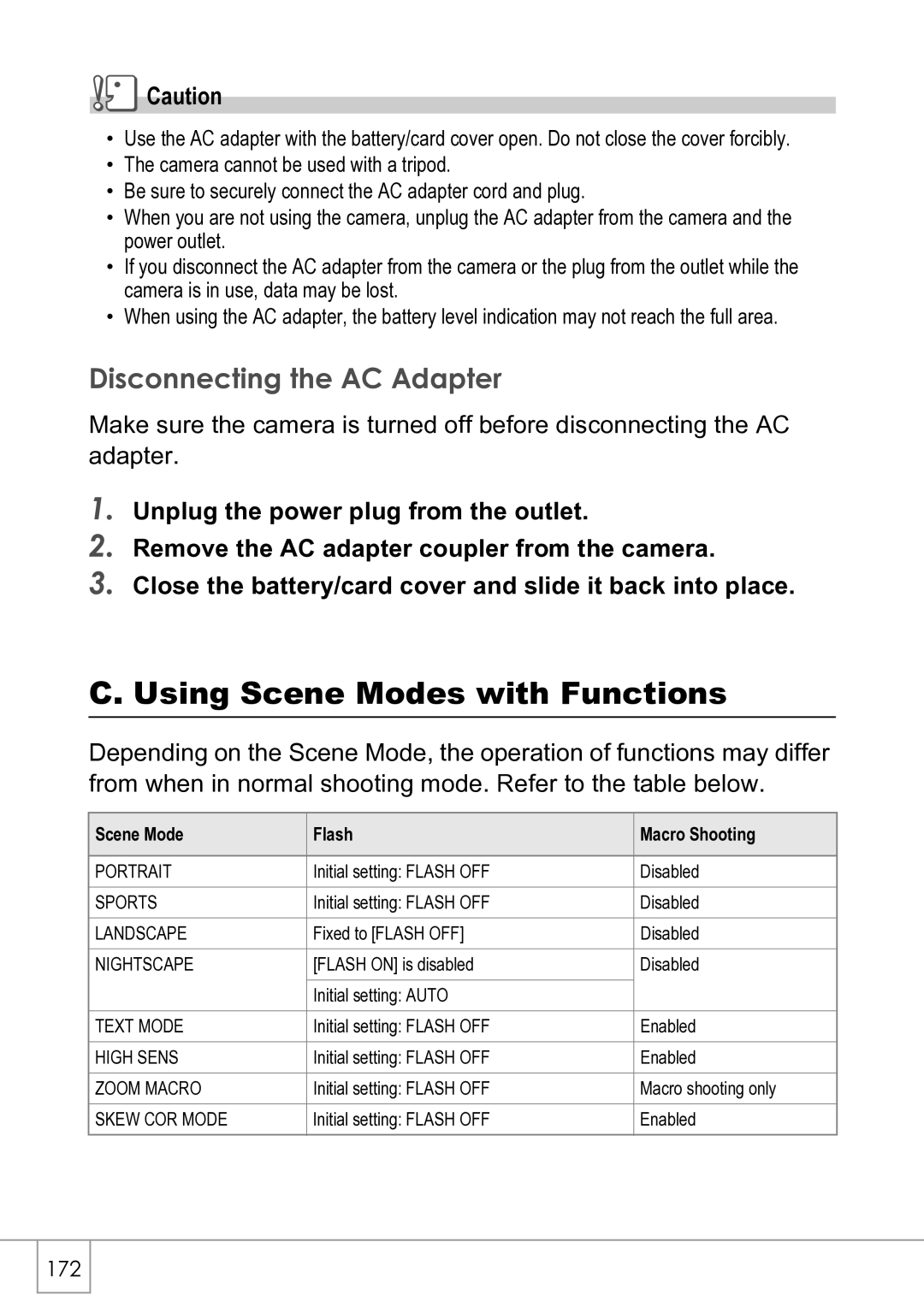 Ricoh R4 manual Using Scene Modes with Functions, Disconnecting the AC Adapter, Scene Mode Flash Macro Shooting 