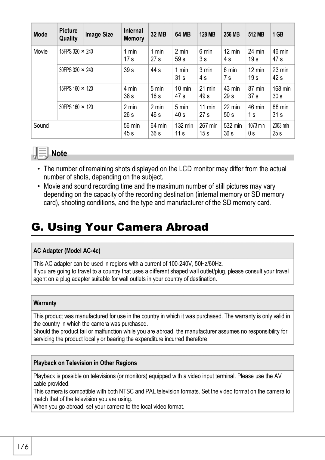 Ricoh R4 manual Using Your Camera Abroad, AC Adapter Model AC-4c, Warranty, Playback on Television in Other Regions 