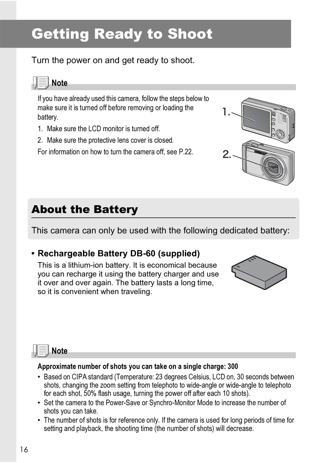 Ricoh R4 manual Getting Ready to Shoot, About the Battery, Rechargeable Battery DB-60 supplied 