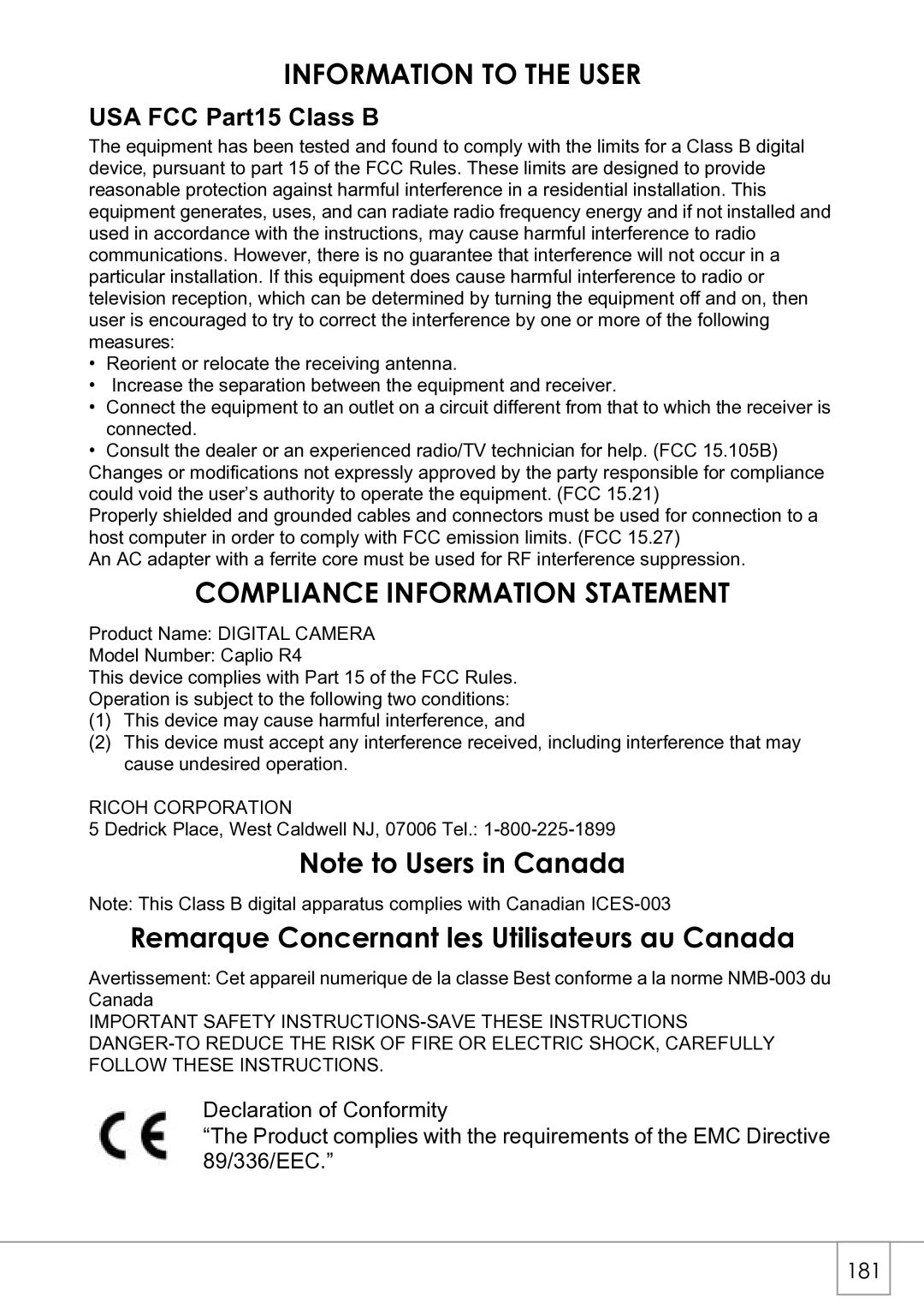 Ricoh R4 manual Information to the User, USA FCC Part15 Class B 