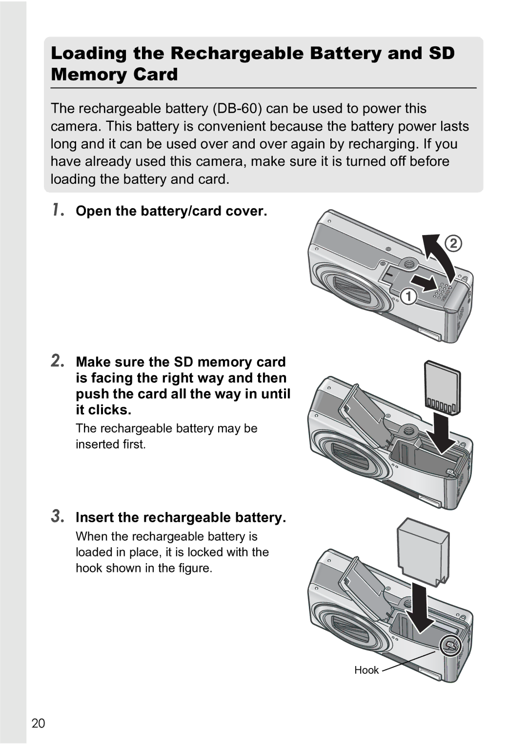 Ricoh R4 manual Loading the Rechargeable Battery and SD Memory Card, Insert the rechargeable battery 