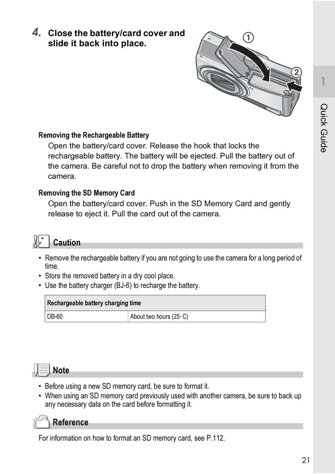 Ricoh R4 manual Close the battery/card cover and slide it back into place, Removing the Rechargeable Battery 