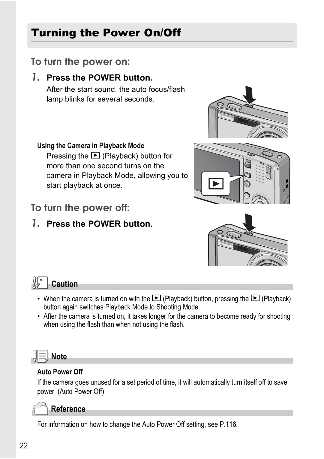 Ricoh R4 Turning the Power On/Off, To turn the power on, To turn the power off, Press the Power button, Auto Power Off 