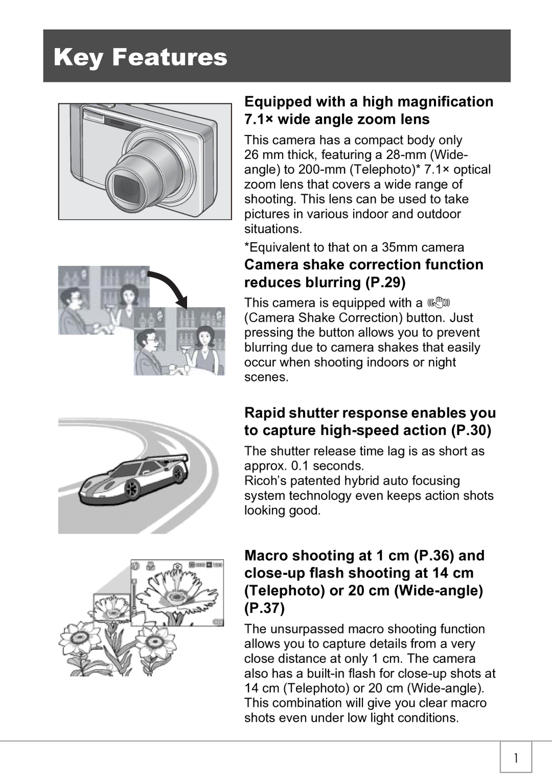 Ricoh R4 manual Key Features, Camera shake correction function reduces blurring P.29 