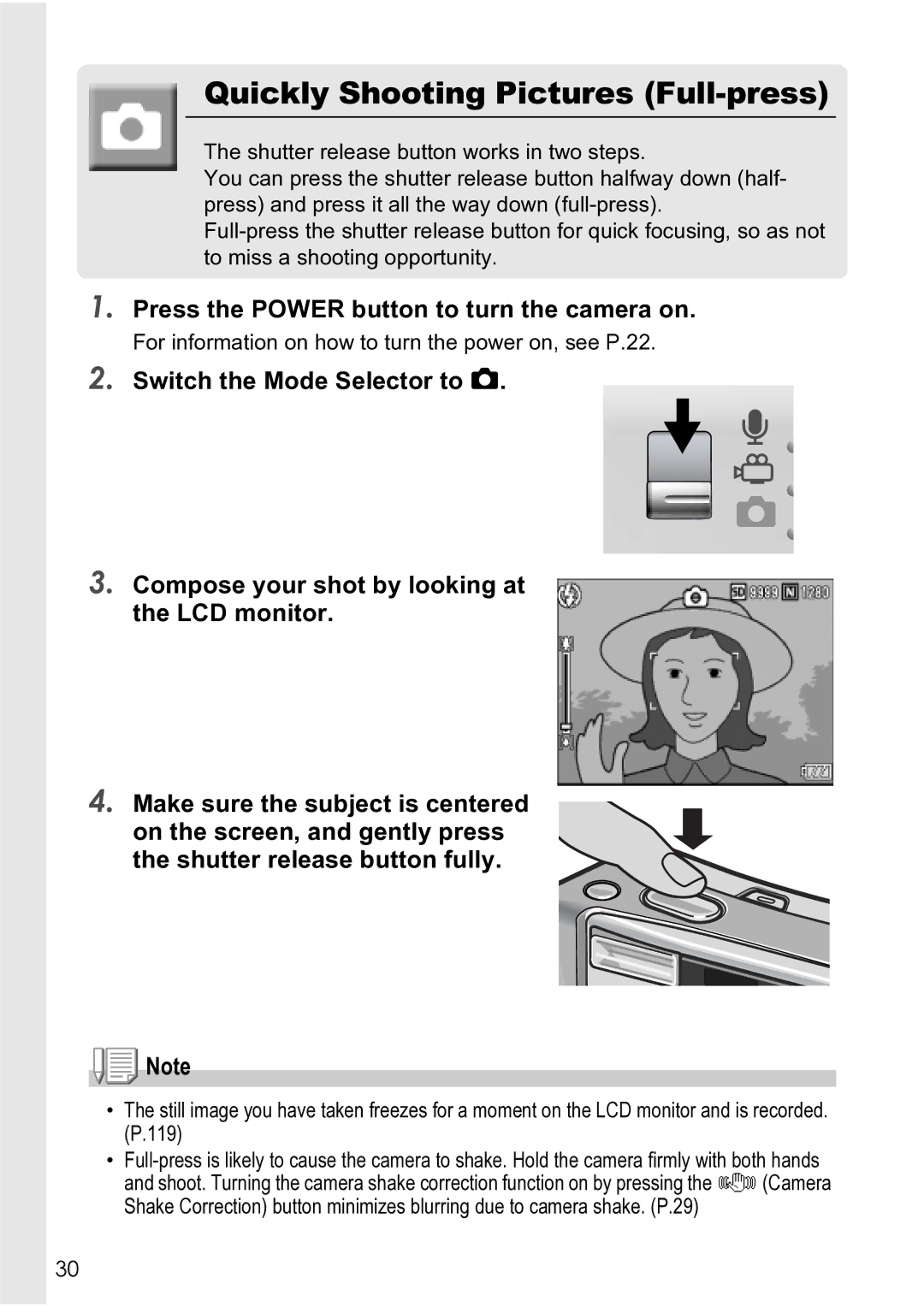 Ricoh R4 manual Quickly Shooting Pictures Full-press 