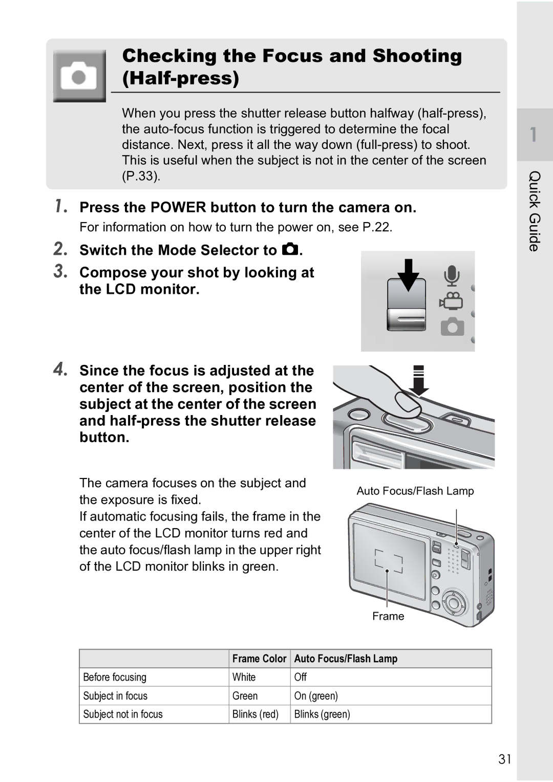 Ricoh R4 manual Checking the Focus and Shooting Half-press, Press the Power button to turn the camera on 