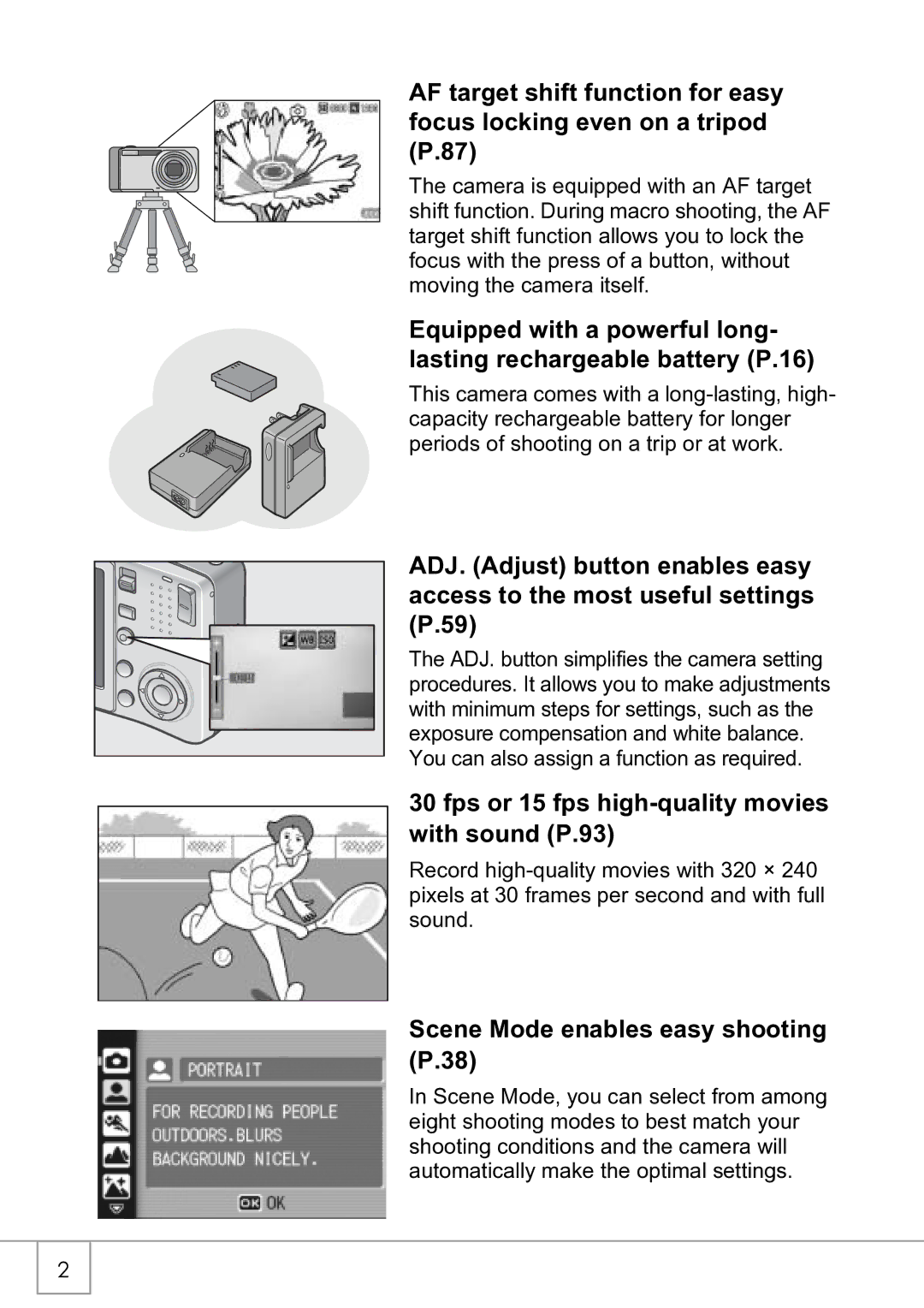 Ricoh R4 manual Fps or 15 fps high-quality movies with sound P.93, Scene Mode enables easy shooting P.38 