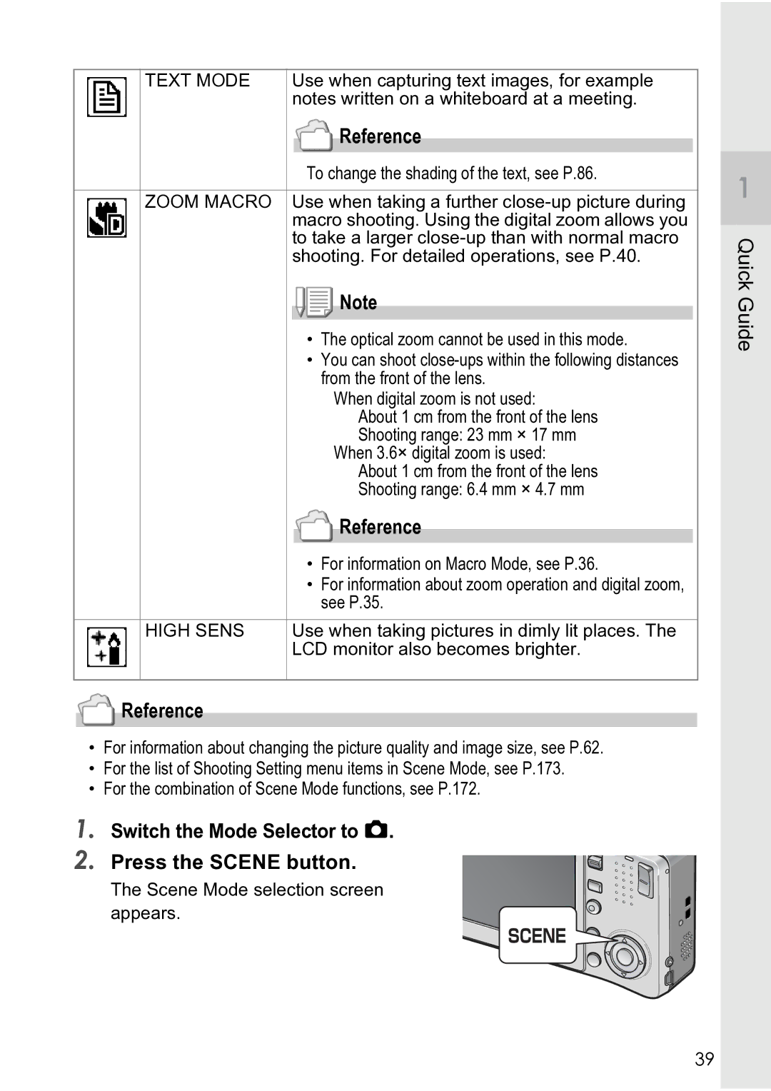 Ricoh R4 manual Switch the Mode Selector to Press the Scene button, To change the shading of the text, see P.86 