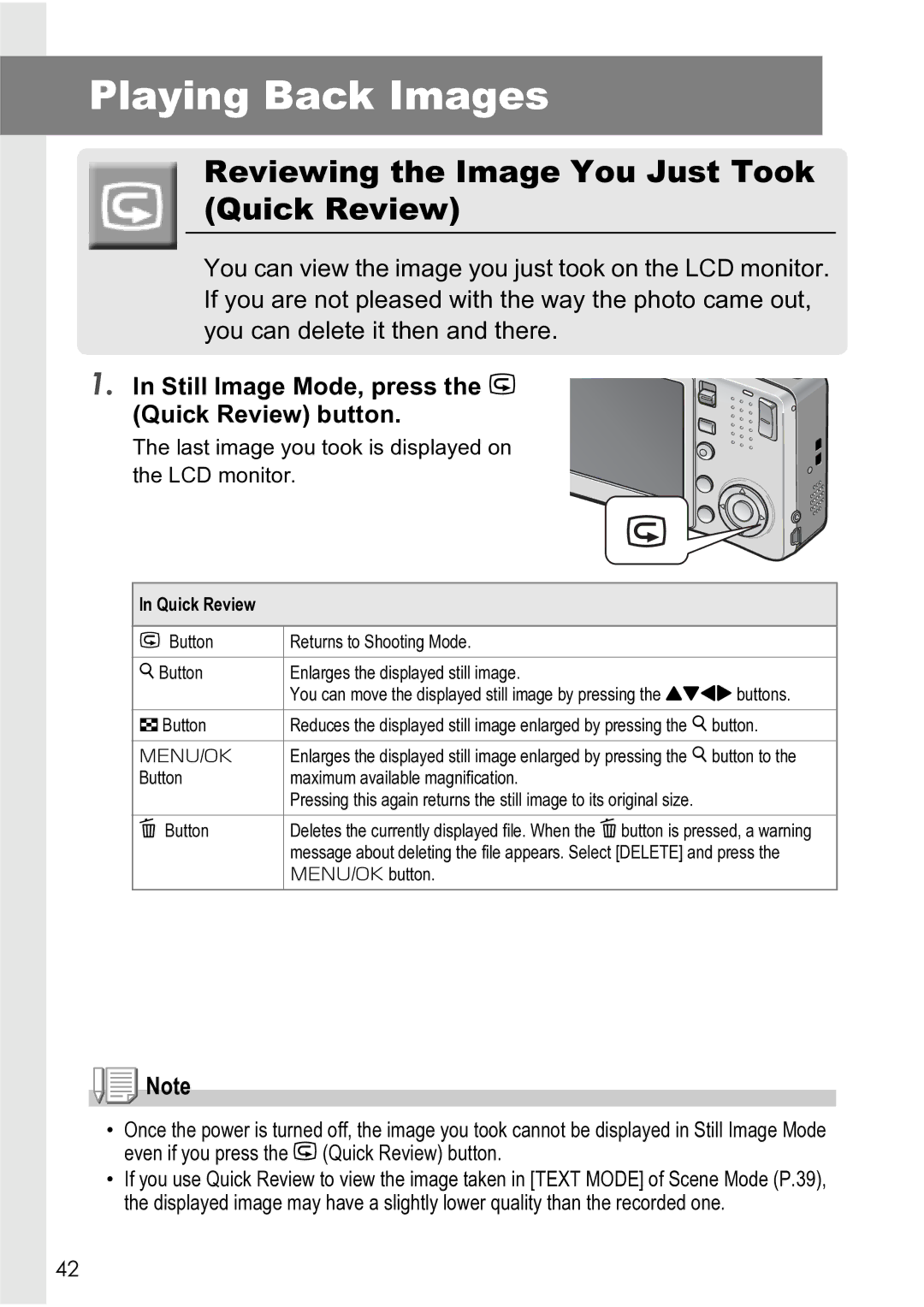 Ricoh R4 manual Playing Back Images, Reviewing the Image You Just Took Quick Review 