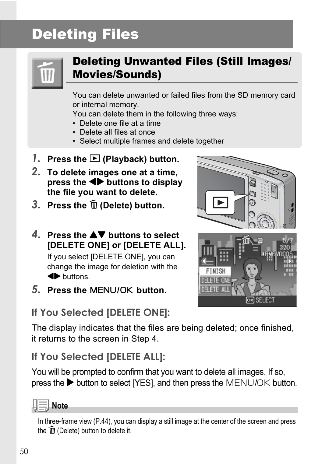 Ricoh R4 manual Deleting Files, Deleting Unwanted Files Still Images/ Movies/Sounds, If You Selected Delete ONE 