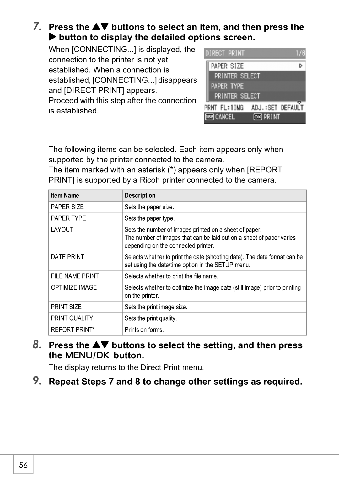 Ricoh R4 manual Repeat Steps 7 and 8 to change other settings as required, Item Name Description 