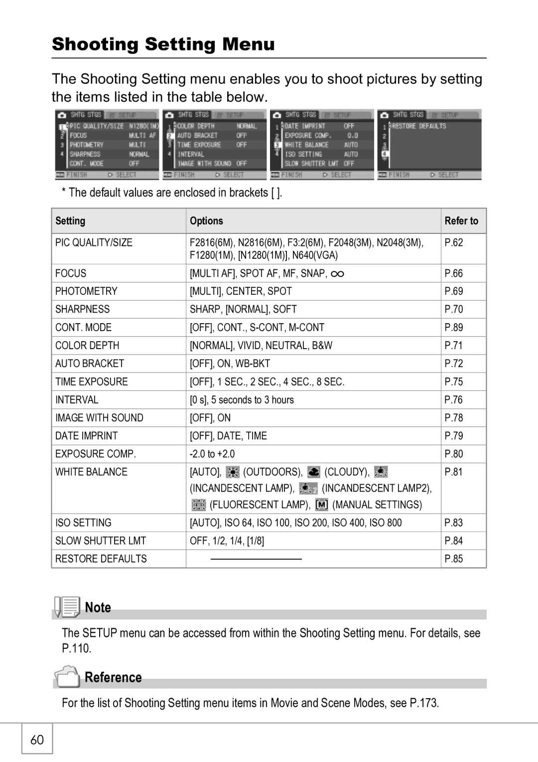 Ricoh R4 manual Shooting Setting Menu, Setting Options Refer to 